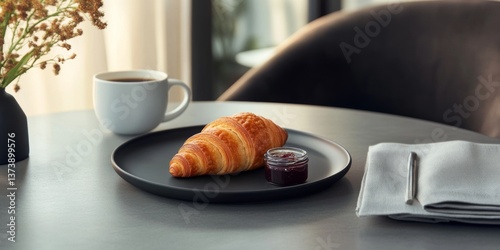 A warm croissant sits on a black plate, accompanied by a small bowl of jam. A cup of coffee completes the cozy breakfast scene. It captures a moment of relaxation and simplicity. AI