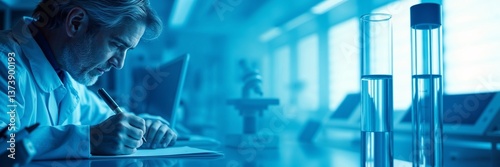 Cinematic collage, soft focus and hazy, depicting a doctor writing, microscope, lab equipment, futuristic interfaces, and a test tube. Blue and white medical environment background.