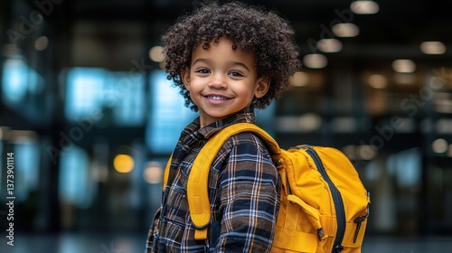 A bright-eyed young Black boy, his face illuminated by a warm smile, exudes youthful energy as he proudly carries a vibrant yellow backpack and a cheerful black plaid shirt, a picture of readiness 