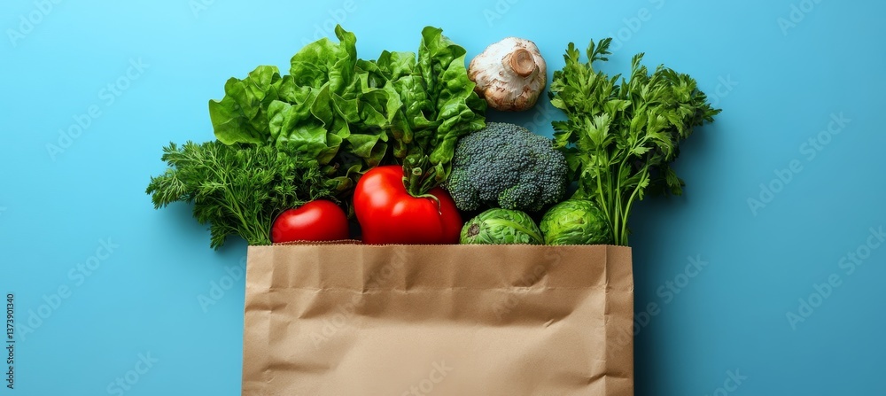 Φωτογραφία Fresh organic produce spilling out of a recyclable brown paper grocery bag on bl