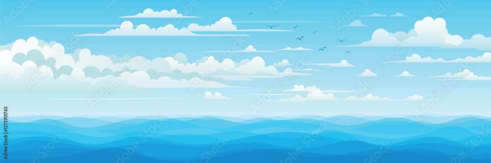 Seascape, summer view of the sea and blue sky with clouds, panoramic view Seascape, summer view of the sea and blue sky with clouds, panoramic view