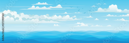 Seascape, summer view of the sea and blue sky with clouds, panoramic view