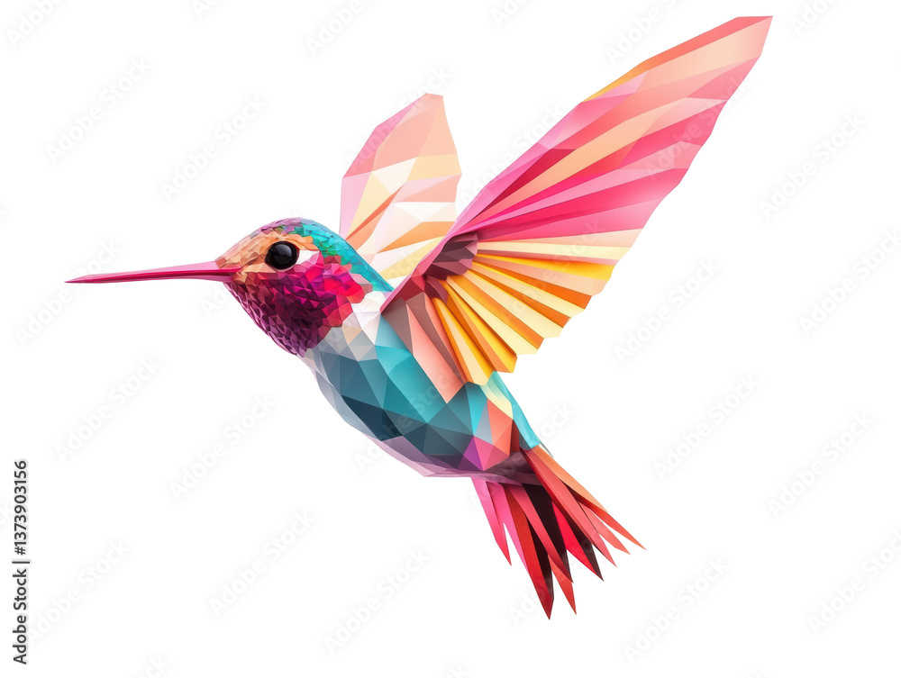 Obraz premium Colorful polygonal hummingbird in flight design for art project on a transparent background, cut out