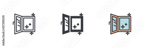Clean window with sparkles or stars different style icon set