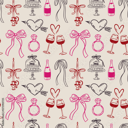 Whimsical hand-drawn love aesthetic seamless pattern illustration in trendy vintage style. Perfect for quirky wedding holiday, dinner and bar menu, bachelorette party, birthday invitation, sign