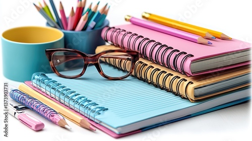 A close-up of a well-organized desk, where a colorful pencil case, notebook, and a pair of glasses are neatly arranged. The warm glow of natural light highlights the simple yet essential tools 