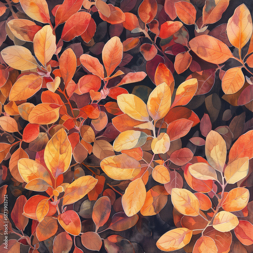 Detailed watercolor background with orange flowering bush