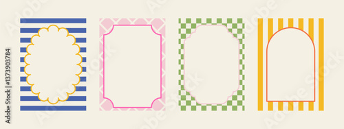 Set of spring whimsical hand-drawn pink blue orange green color frames with wavy stripes and line in trendy, vintage styles. Perfect for quirky holiday, wedding, birthday gift decorations.