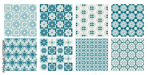 Collection of Arabic geometric mosaic printable seamless pattern with abstract Moroccan print in blue and gold colors. Ramadan Kareem Traditional Islamic art Illustration background