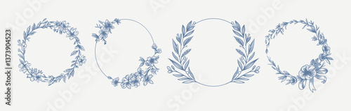 Botanical blue wedding frame or wreath on white background. Hand drawn floral, flower, leaf branch in toile de jouy style. Line art for wedding, monogram, invitation, greeting, logo, birthday cards