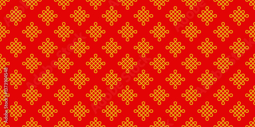 Geometric Asian line art seamless pattern with oriental traditional shapes flowers ornament, waves. Red and gold Japanese print for lunar chinese new year decoration. Luxury retro vector illustration