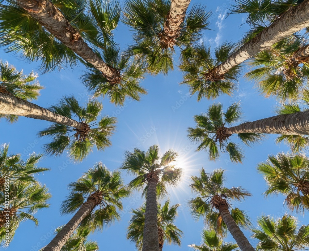 Looking Up at Palm Trees Against Bright Blue Sky and Sunlight Looking Up at Palm Trees Against Bright Blue Sky and Sunlight