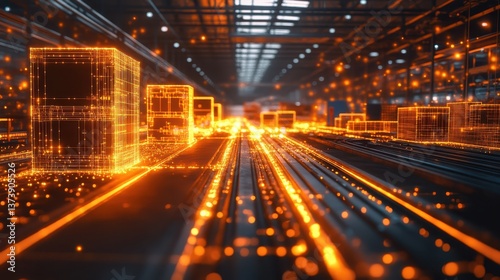 A smart warehouse glowing with IoT sensors tracking recyclable and reusable materials in real time