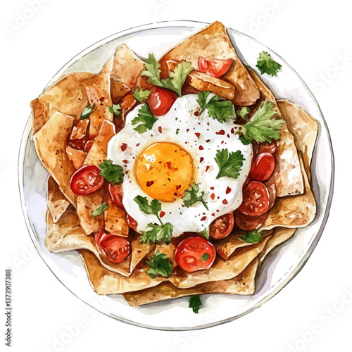A watercolor vector of chilaquiles, isolated on a white background. Chilaquiles vector.

