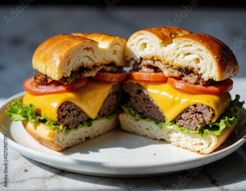A mouthwatering cheeseburger cut in half, revealing juicy beef patties, melted cheese, fresh lettuce, and ripe tomatoes, served on a soft bun atop a white plate