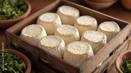 Brazilian Queijo Canastra Traditional Artisanal Cheese displayed a wooden crate aerial view highlighting the aged cheeses rustic rind countryside Brazilian farm setting