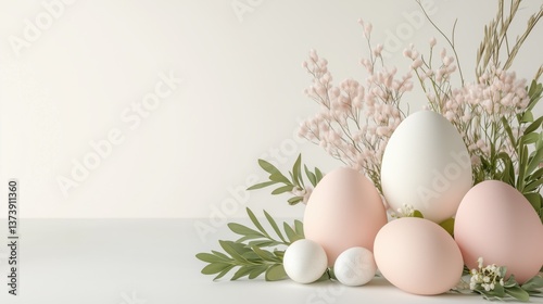 White and green Easter eggs with floral background