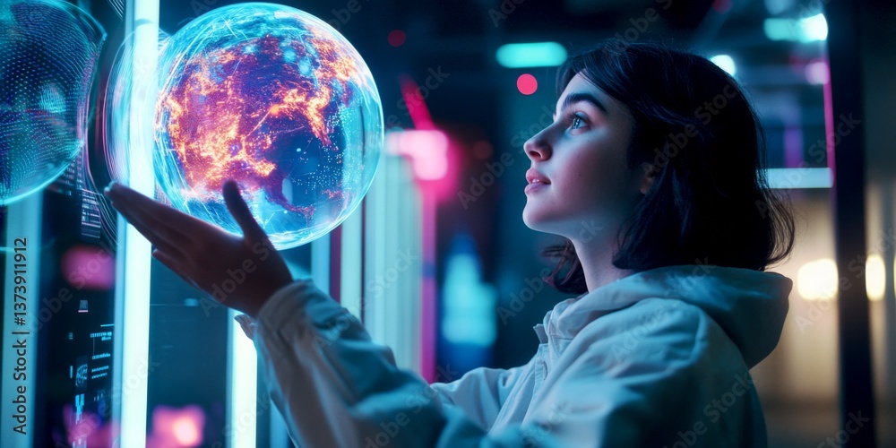 Fototapeta premium A young woman gazes thoughtfully at a glowing globe. This digital art piece captures the essence of technology and curiosity. The vibrant colors enhance the futuristic feel. AI