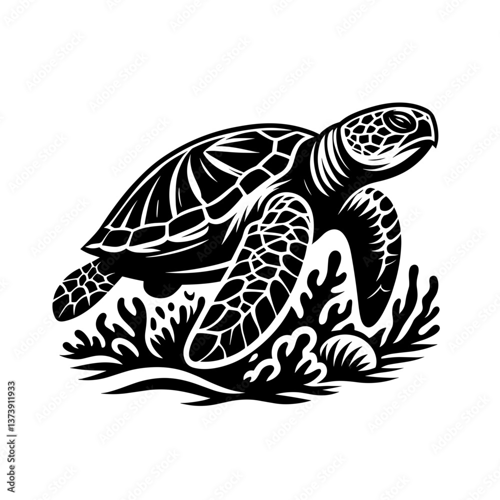 Fototapeta premium Sea turtle swimming in coral reef vector art