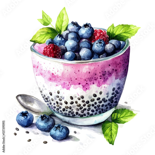 A watercolor vector of chia seed pudding, isolated on a white background. Chia seed pudding vector.


