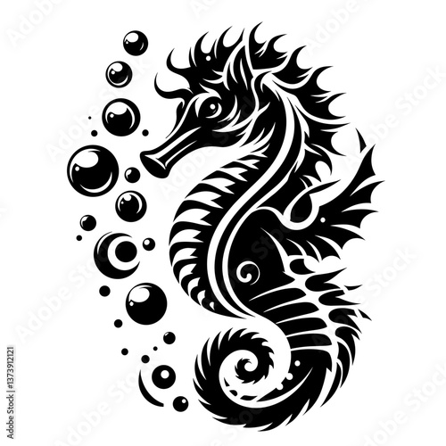 Stylized seahorse with bubbles in black vector art
