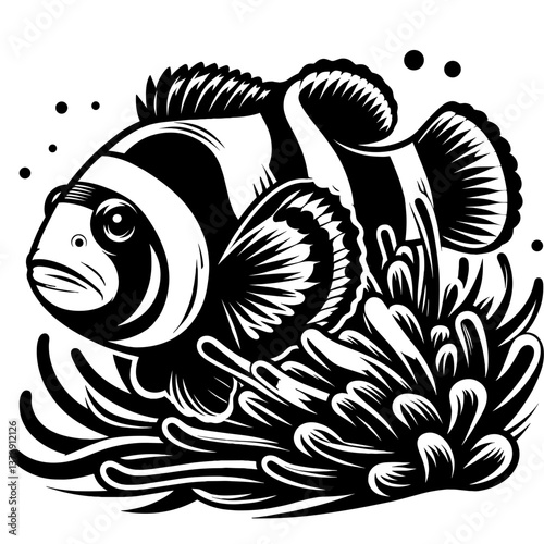 Clownfish hiding in coral in stylized vector