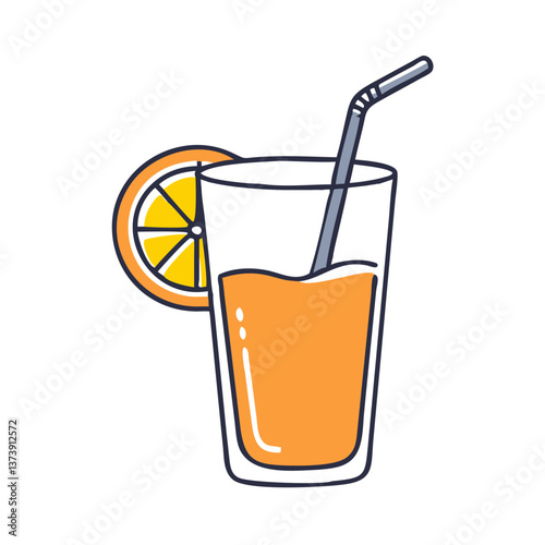 Glass of orange juice with lemon slice in flat style