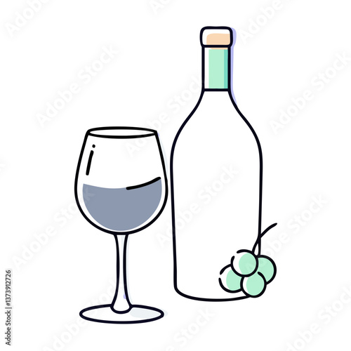 Wine bottle and glass in flat style
