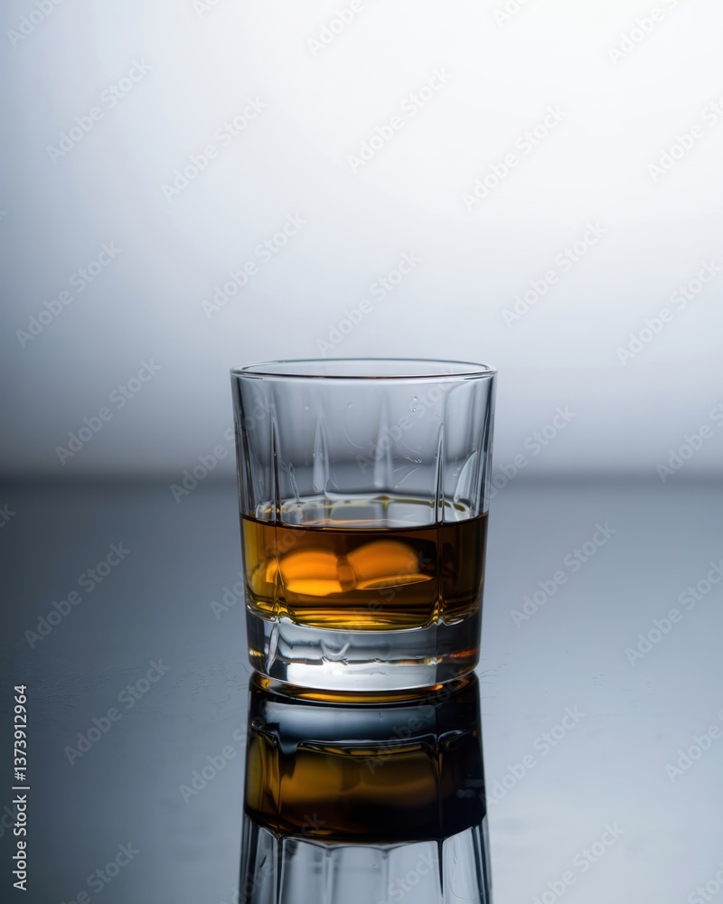 Glass of amber liquid on glossy surface reflecting light in a minimalist setting Glass of amber liquid on glossy surface reflecting light in a minimalist setting