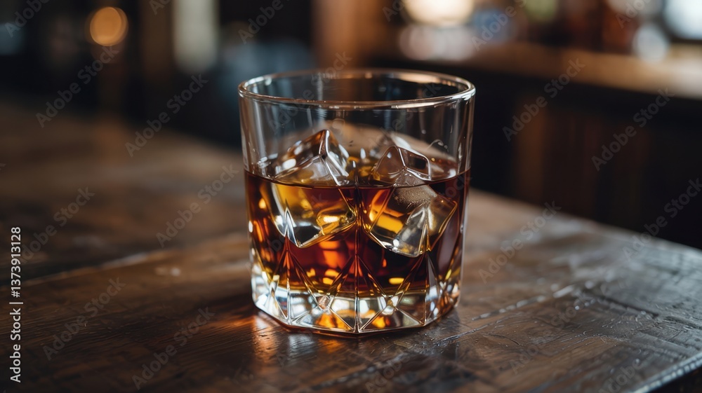 Sipping a whiskey cocktail with ice at a cozy bar during the evening Sipping a whiskey cocktail with ice at a cozy bar during the evening