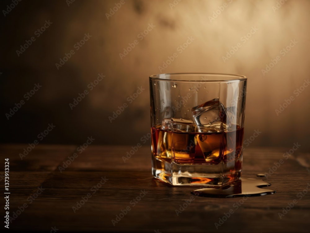 Rich amber whiskey served with ice on a rustic wooden table in a dimly lit bar setting Rich amber whiskey served with ice on a rustic wooden table in a dimly lit bar setting