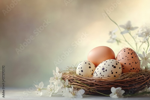 Rustic spring basket with natural eggs
