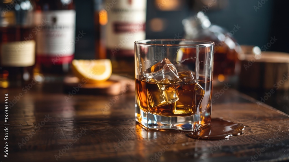 Bourbon glass sits on wooden bar with ice and refreshing citrus slice during evening gathering Bourbon glass sits on wooden bar with ice and refreshing citrus slice during evening gathering
