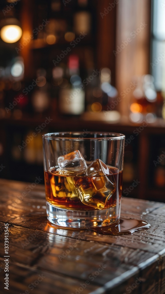 Whiskey glass filled with ice sits on aged wood bar top in cozy pub atmosphere Whiskey glass filled with ice sits on aged wood bar top in cozy pub atmosphere