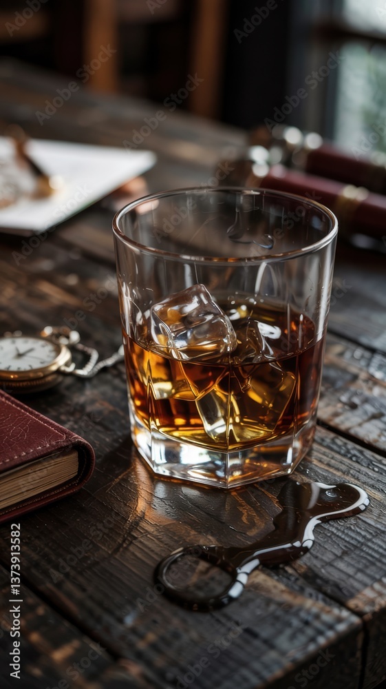 Glass of whiskey with ice on wooden table, vintage clock and notebook nearby in cozy setting Glass of whiskey with ice on wooden table, vintage clock and notebook nearby in cozy setting