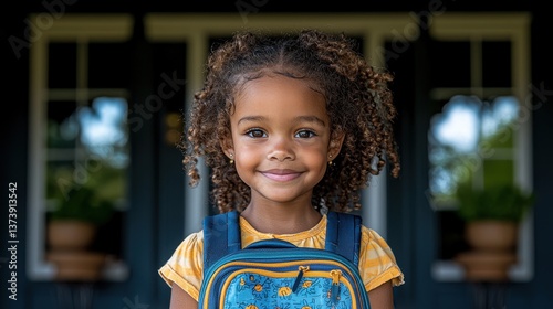A young black girl, her backpack slung over her back, radiated an aura of youthful energy as she stepped outside, eager to embark on a new adventure, be it back to school or a thrilling hiking 