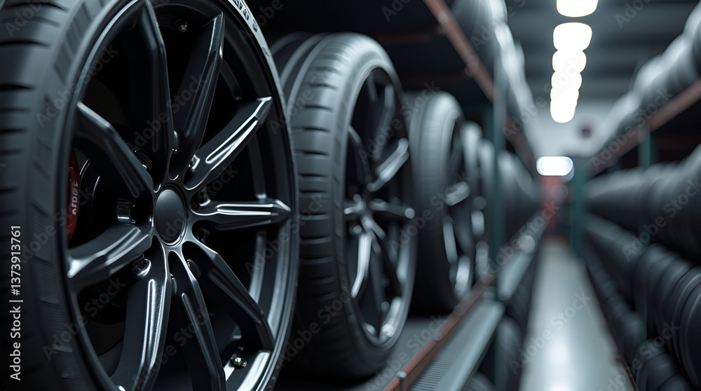 New car tires on storage rack. Auto service shop retail storehouse. Vehicle maintenance concept. Black rubber tyre tread pattern close-up New car tires on storage rack. Auto service shop retail storehouse. Vehicle maintenance concept. Black rubber tyre tread pattern close-up