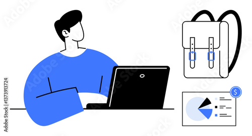 Person using laptop with a nearby backpack and financial graph suggesting learning, planning, or productivity. Ideal for education, e-learning, finances, productivity, self-growth, remote work flat