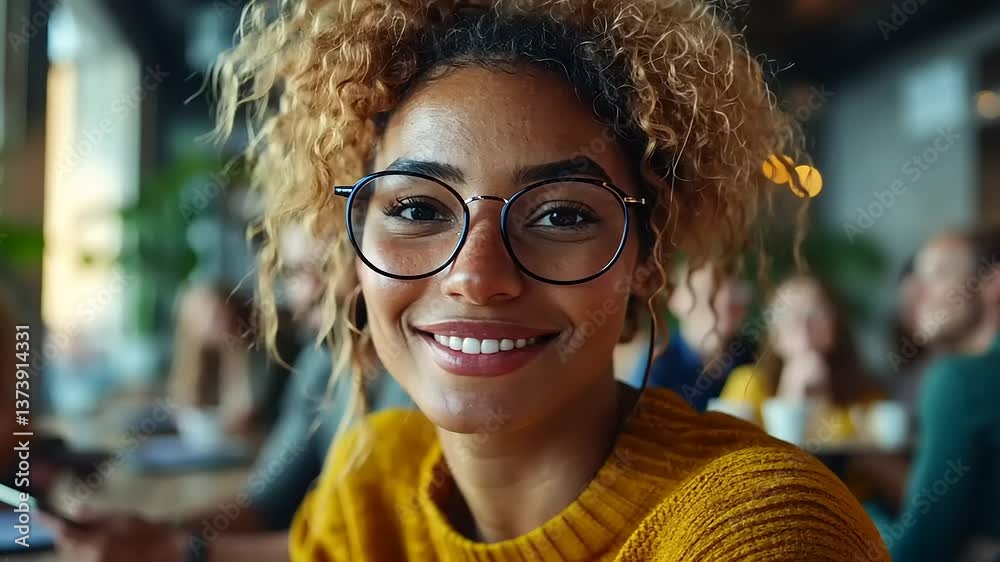 Smiling woman in a cozy caf? with friends chatting Smiling woman in a cozy caf? with friends chatting