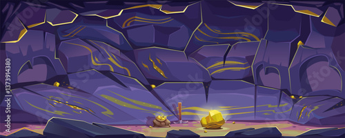 Rocky cave with gold ore. Gold nugget, miner's pickaxe, pouch of gold, gold mining. Underground world, nature and environment, exploration and adventure, game level. Vector cartoon illustration.