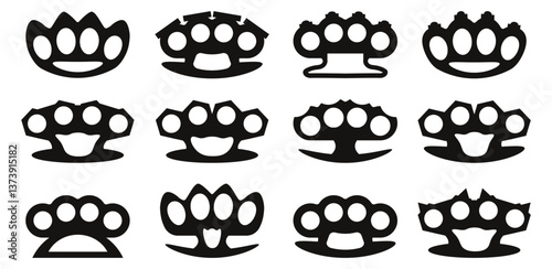 Brass knuckles icon collection in black. Set of brass knuckles silhouettes