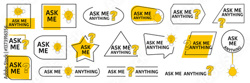 Ask me anything label with lightbulb in a flat design