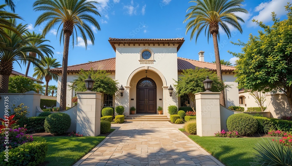 Fototapeta premium Elegant Mediterranean style home with beautiful landscaping, palm trees, and inviting walkway under a sunny sky. Luxury living at its finest.