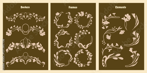 Art Nouveau floral frames, corners, and borders. Vector.