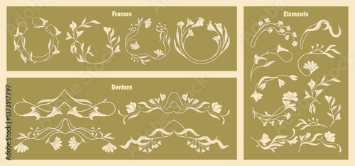 Art Nouveau floral frames, corners, and borders. Vector.