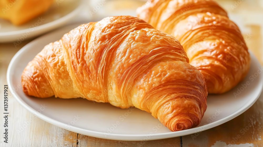 Flaky golden croissants on a white plate inviting a delightful breakfast experience