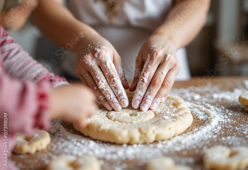 Little Hands, Big Love: Baking Together - A mother and child bake cookies together, their hands covered in flour, symbolizing warmth, love, and shared moments.