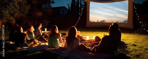 Outdoor movie night under a starry sky with friends enjoying the cozy atmosphere and cinematic experience