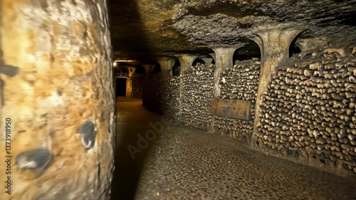 Exploring the eerie catacombs filled with historical bones in a dimly lit underground tunnel