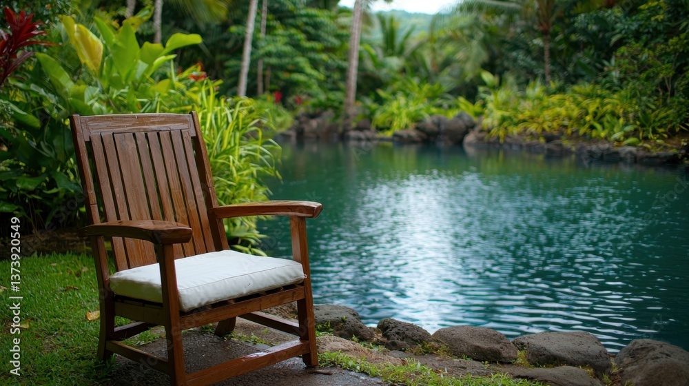 Fototapeta premium A tranquil wooden chair beside a serene pond, surrounded by lush greenery and vibrant tropical plants.